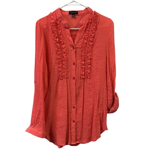 Spense Rayon Long Roll Tab Sleeve Button Up Ruffled Textured Tunic Blouse Medium - Picture 9 of 14